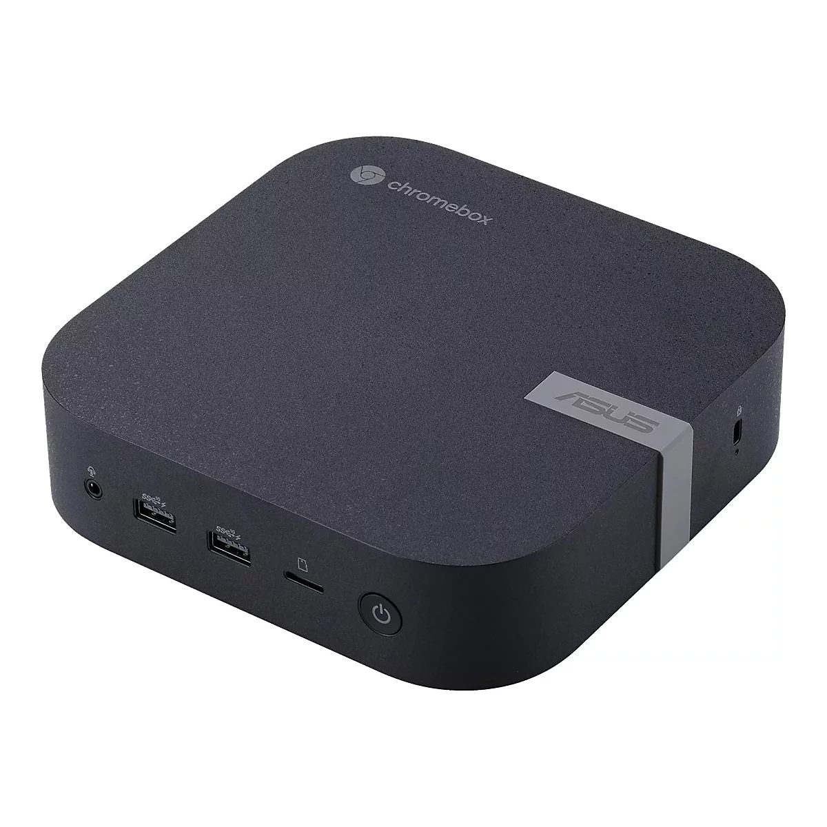 Schwarze Asus Chromebox mit abgerundeten Ecken, Anschlüssen an der Vorderseite und dem Asus-Logo.