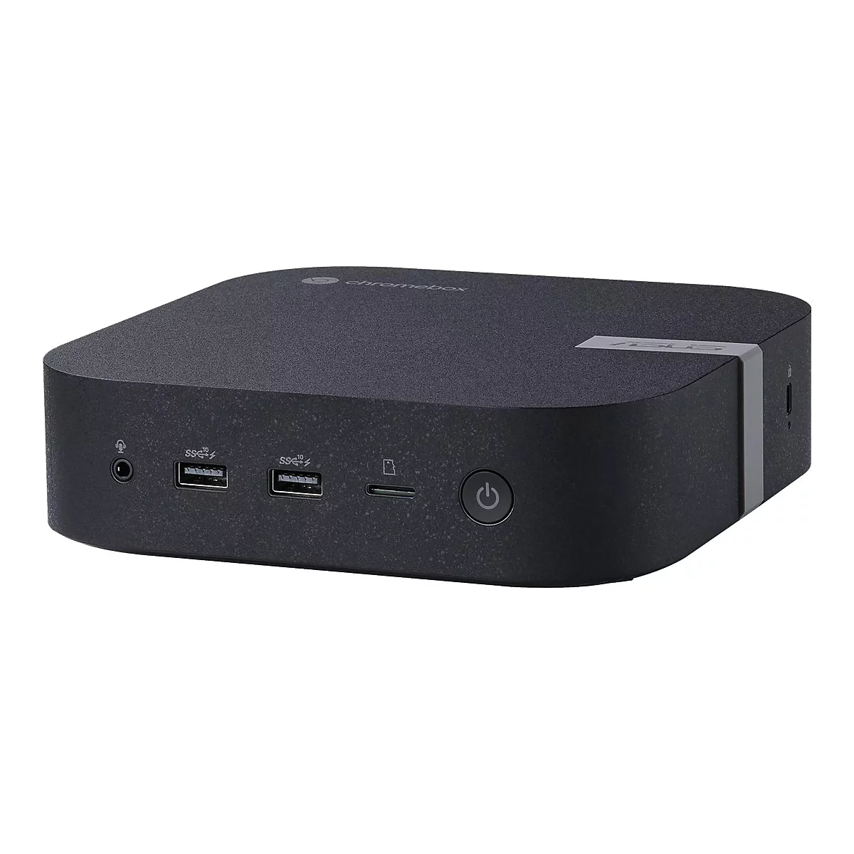 Schwarzer Chromebox Computer mit Anschlüssen, Power-Taste und Markenlogo.