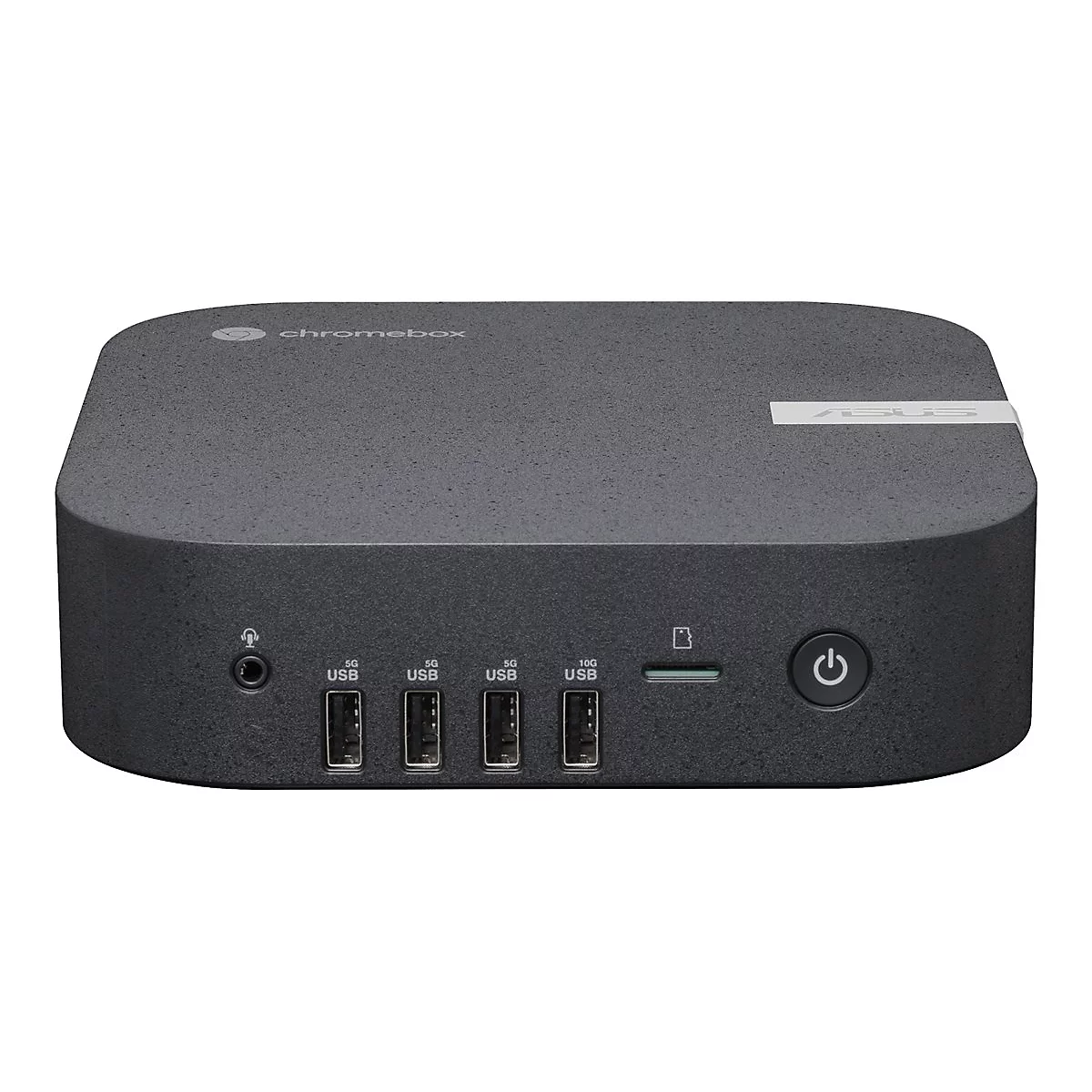 Schwarze Asus ChromeBox. Oben das ChromeBox Logo. Auf der Vorderseite Anschlüsse für USB und Kopfhörer.