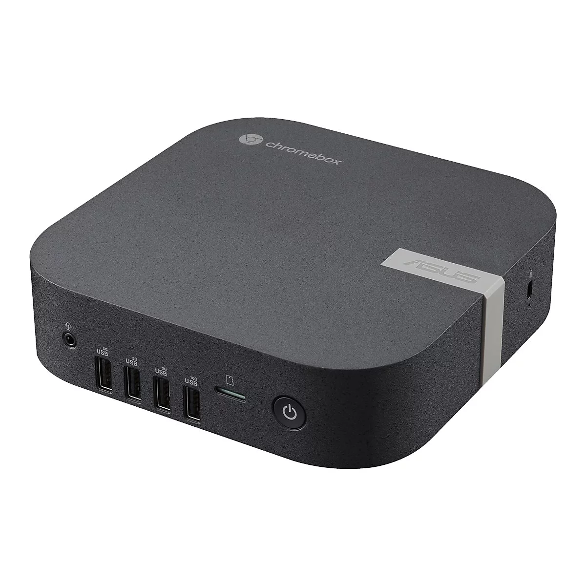 Dunkelgraue Asus Chromebox mit USB-Anschlüssen, Kopfhörerbuchse und Ein-Aus-Taste auf der Vorderseite.