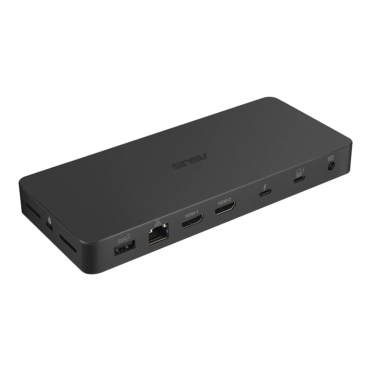 Schwarze Asus Dockingstation mit vielen AnschlÃ¼ssen. Aufschrift: ASUS.