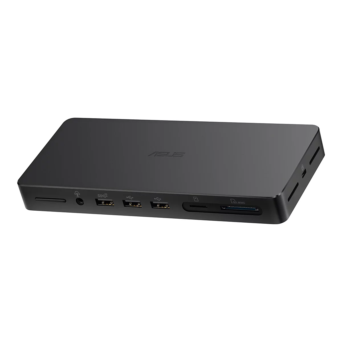 Schwarze ASUS-Dockingstation. Auf der Vorderseite befinden sich verschiedene AnschlÃ¼sse.