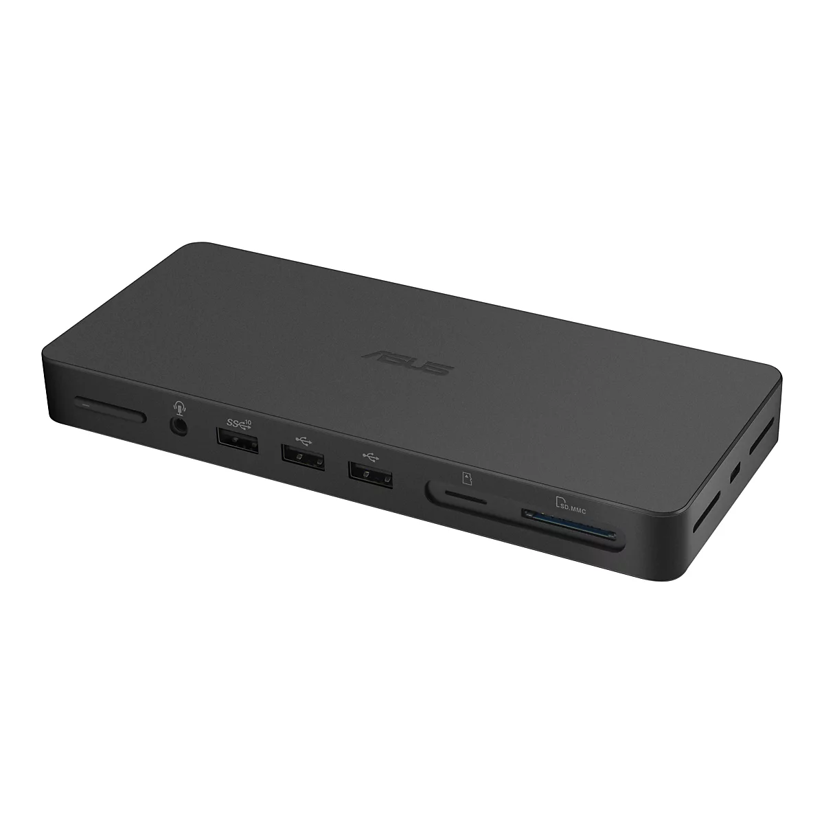 Schwarze Dockingstation mit ASUS-Logo und verschiedenen AnschlÃ¼ssen.