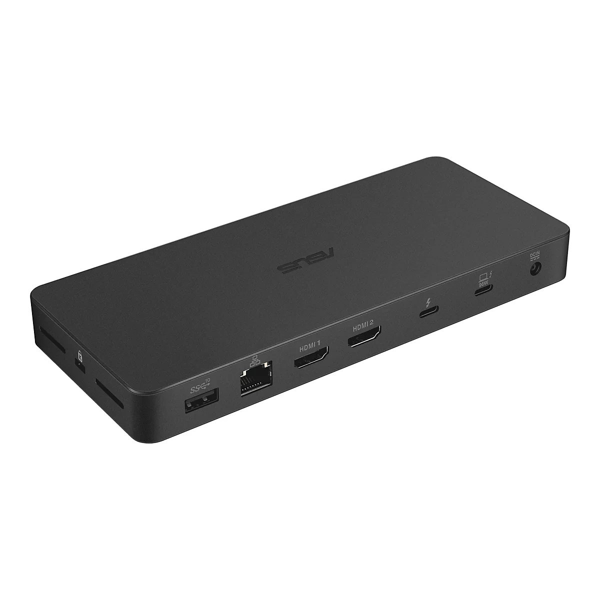 Schwarze ASUS Dockingstation mit AnschlÃ¼ssen, auf weiÃŸem Hintergrund.