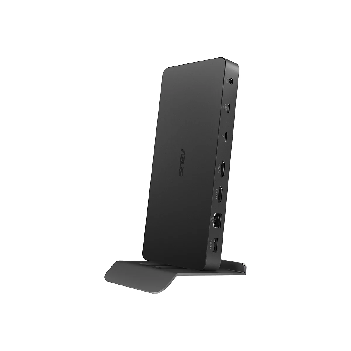 Ein schwarzes Asus-Dockingstation, die aufrecht in einem StÃ¤nder steht, mit AnschlÃ¼ssen auf der Seite.