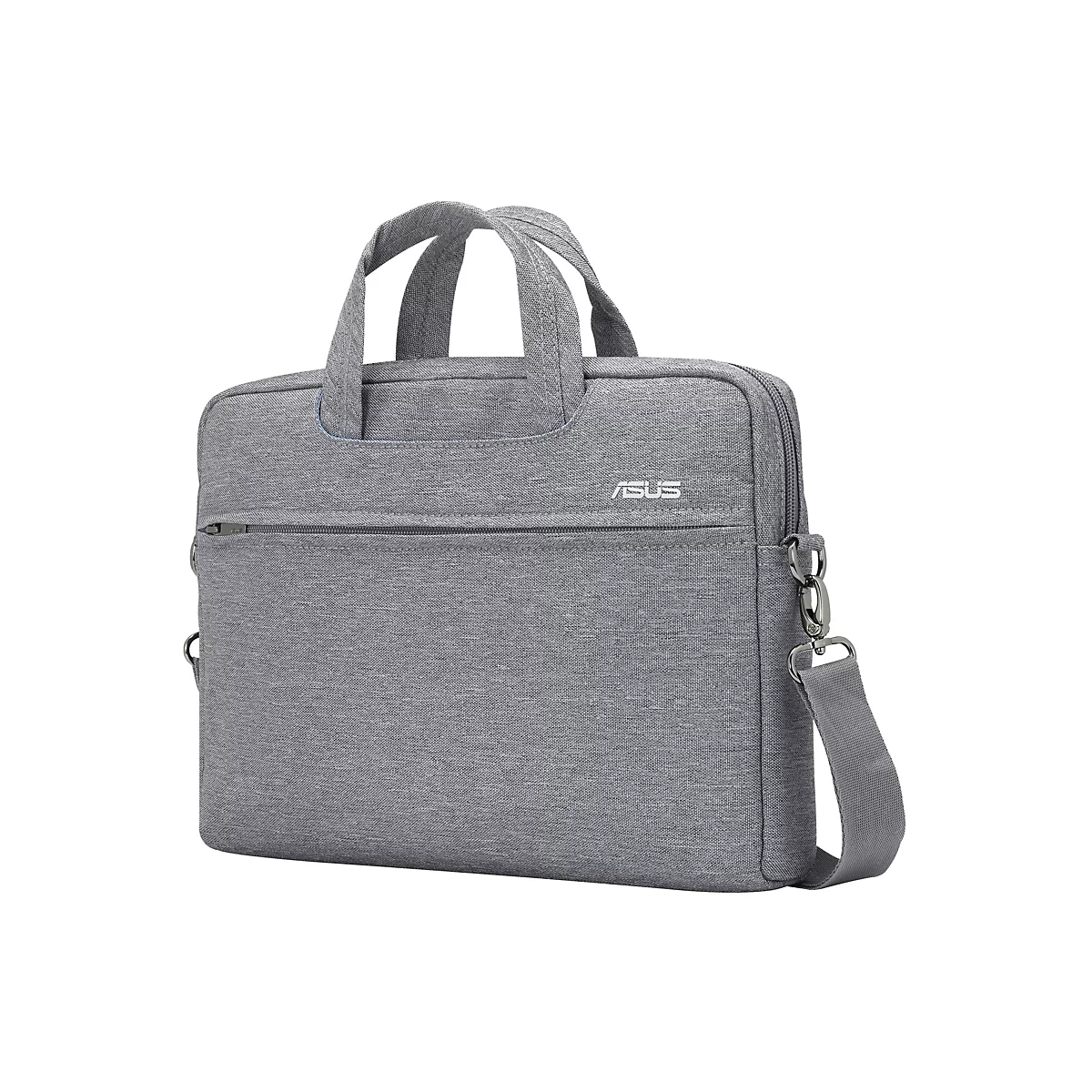 Graue Asus Laptoptasche mit Tragegriffen und Schulterriemen vor weißem Hintergrund.
