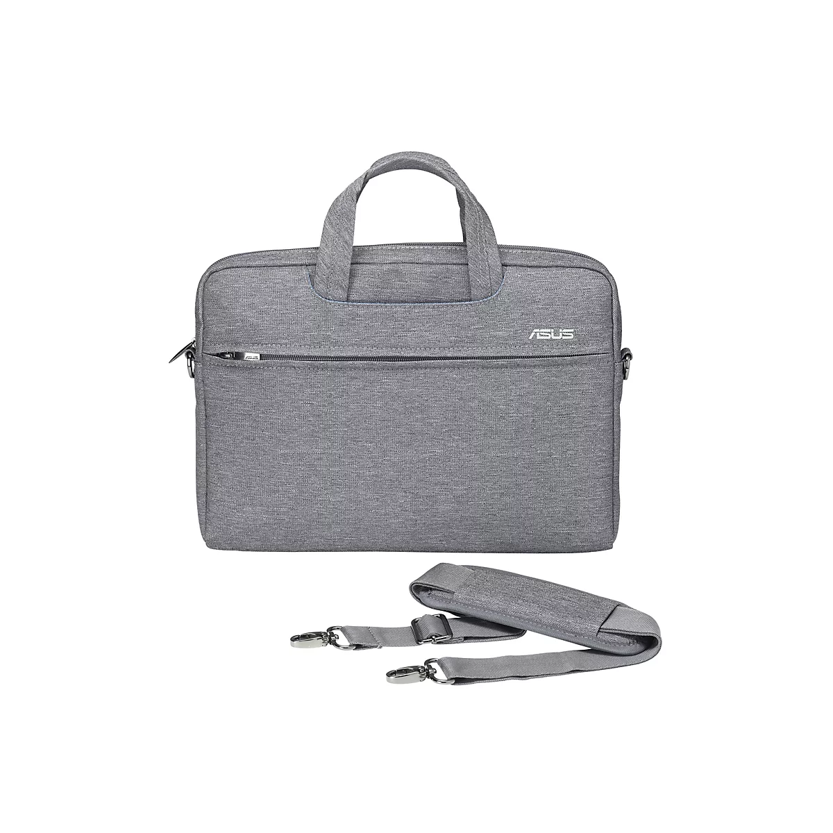 Graue Asus Laptoptasche mit Tragegriffen und abnehmbarem Schultergurt vor weißem Hintergrund.