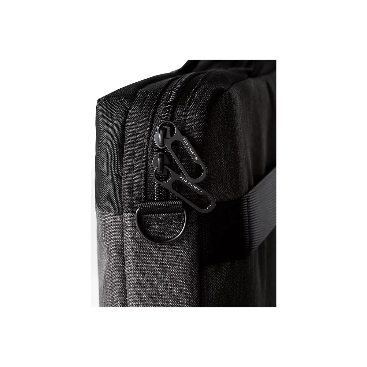 Nahaufnahme der Reißverschluss-Zipper einer schwarzen Asus-Laptoptasche mit dem Aufdruck Asus Collection.