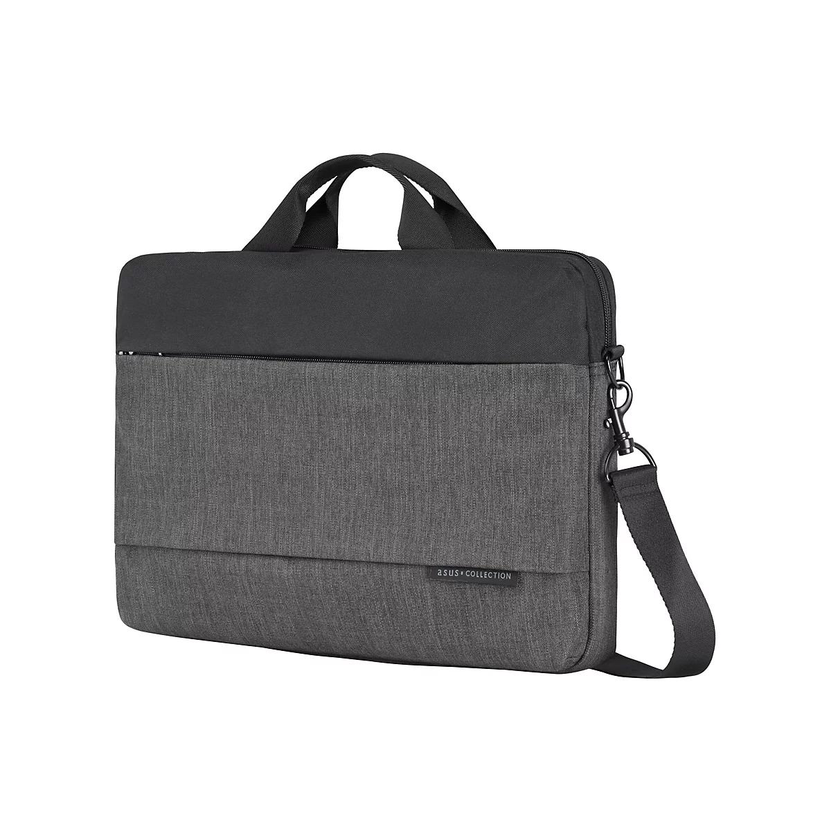 Schwarze und graue ASUS Laptop-Tasche mit Tragegriffen und abnehmbarem Schultergurt vor weißem Hintergrund.