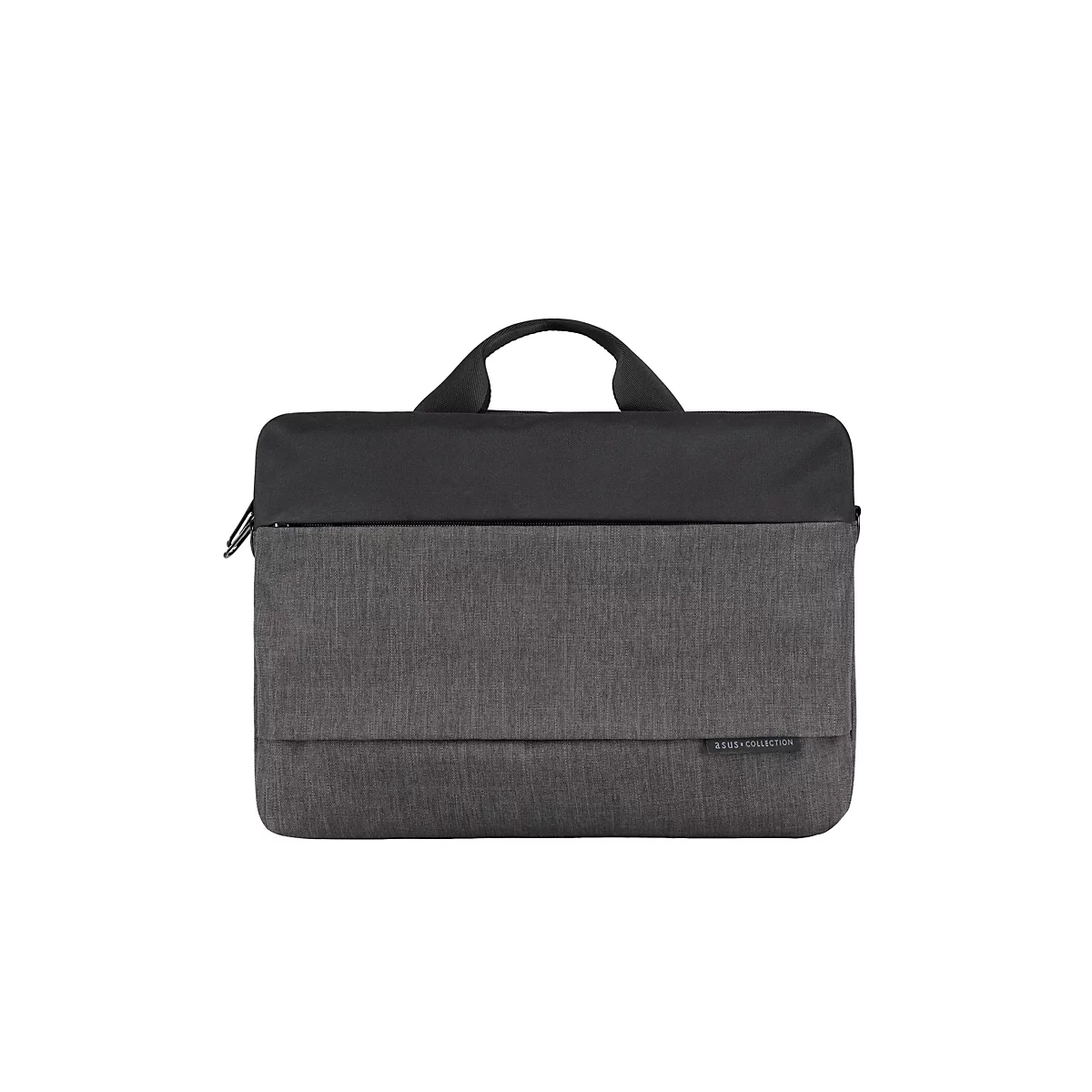 Flache Laptop-Tasche in Dunkelgrau und Schwarz mit Tragegriffen und ASUS-Collection-Label vor weißem Hintergrund.