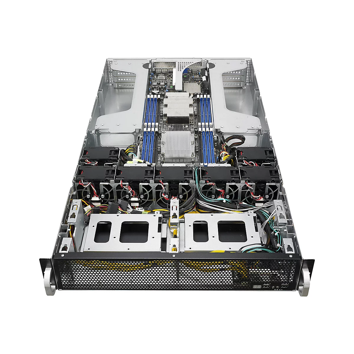 Von oben fotografierter Server-Rack-Computer. Gehäuse aus Metall, innenliegend Lüfter, Kabel, RAM-Module und Hardware.