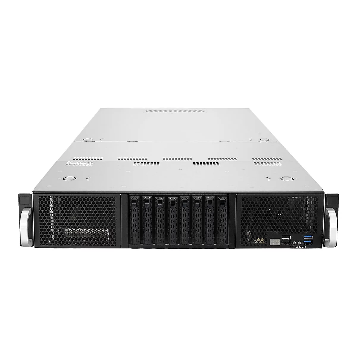 Ein grauer Server-Rack mit mehreren Einschüben für Festplatten und Lüftern, vor weißem Hintergrund.