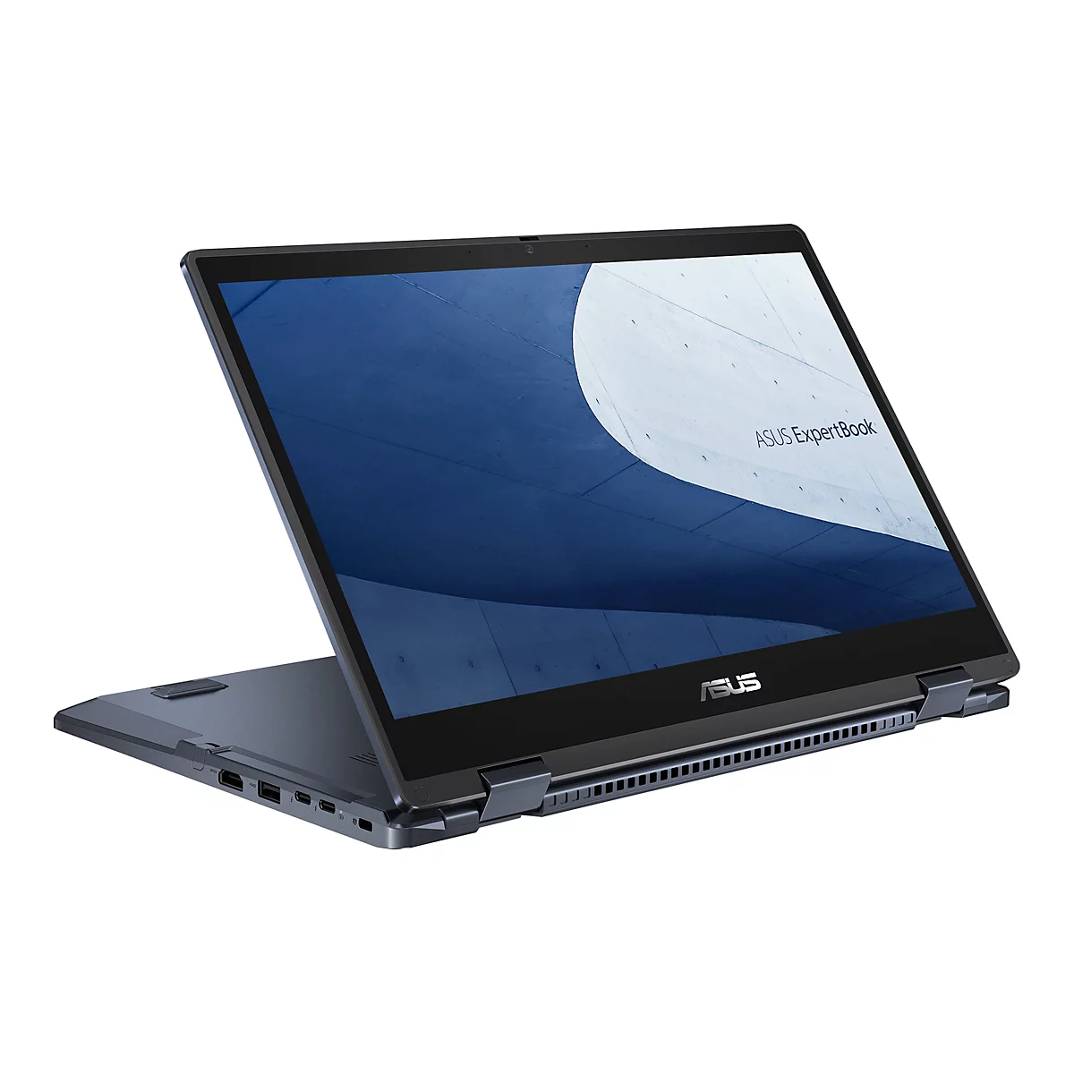 Ein grauer Laptop mit geöffnetem Bildschirm. Der Bildschirm zeigt einen blauen Hintergrund und den Text "ASUS ExpertBook".