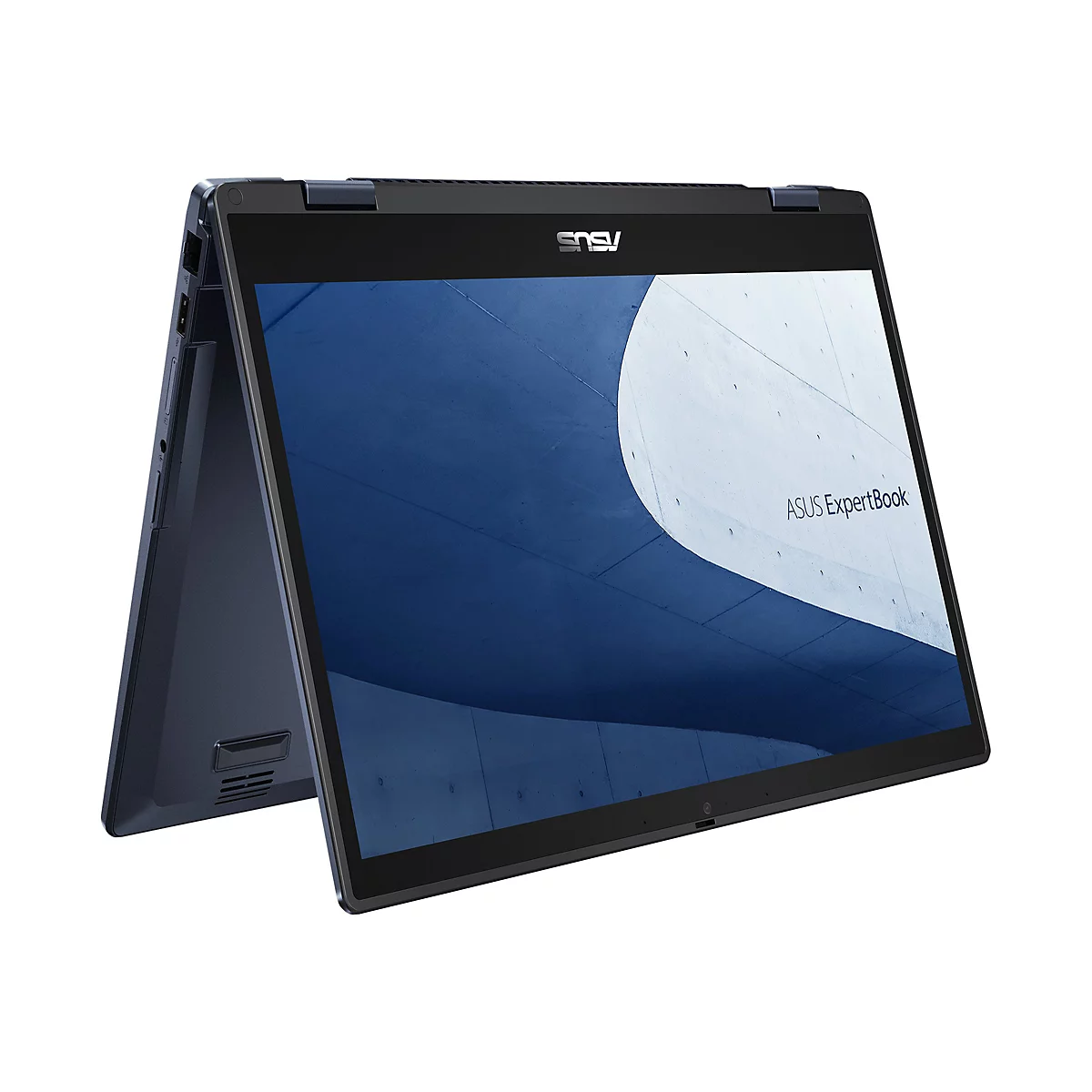 Dunkelgraues Notebook, Bildschirm halb geöffnet, ASUS ExpertBook, weißer Hintergrund.