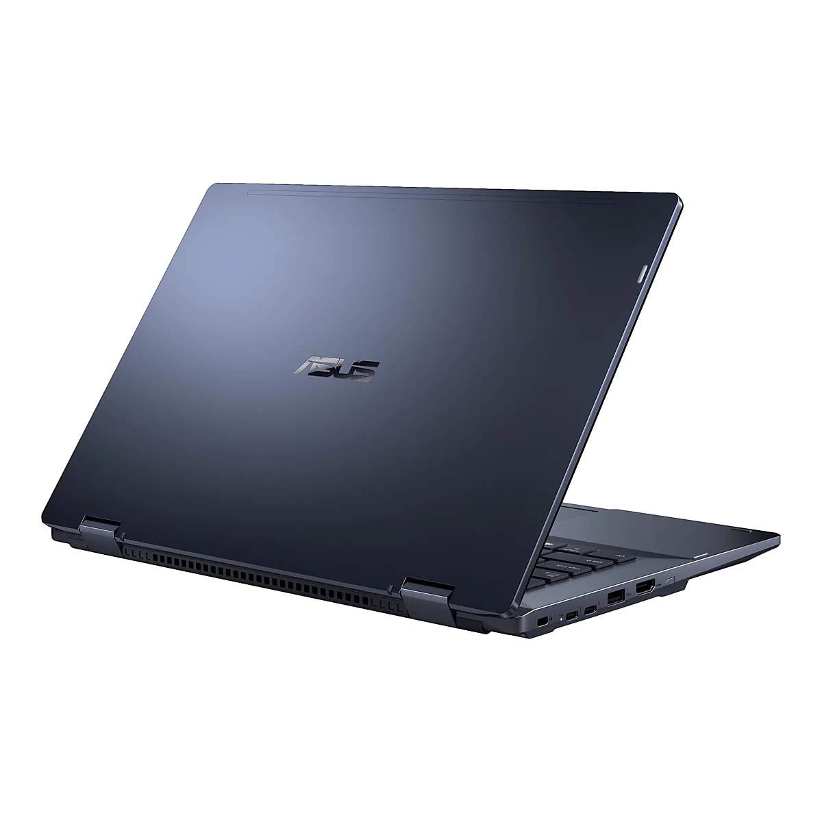 Dunkelblauer Laptop, leicht geöffnet, mit ASUS-Logo. Vor weißem Hintergrund.