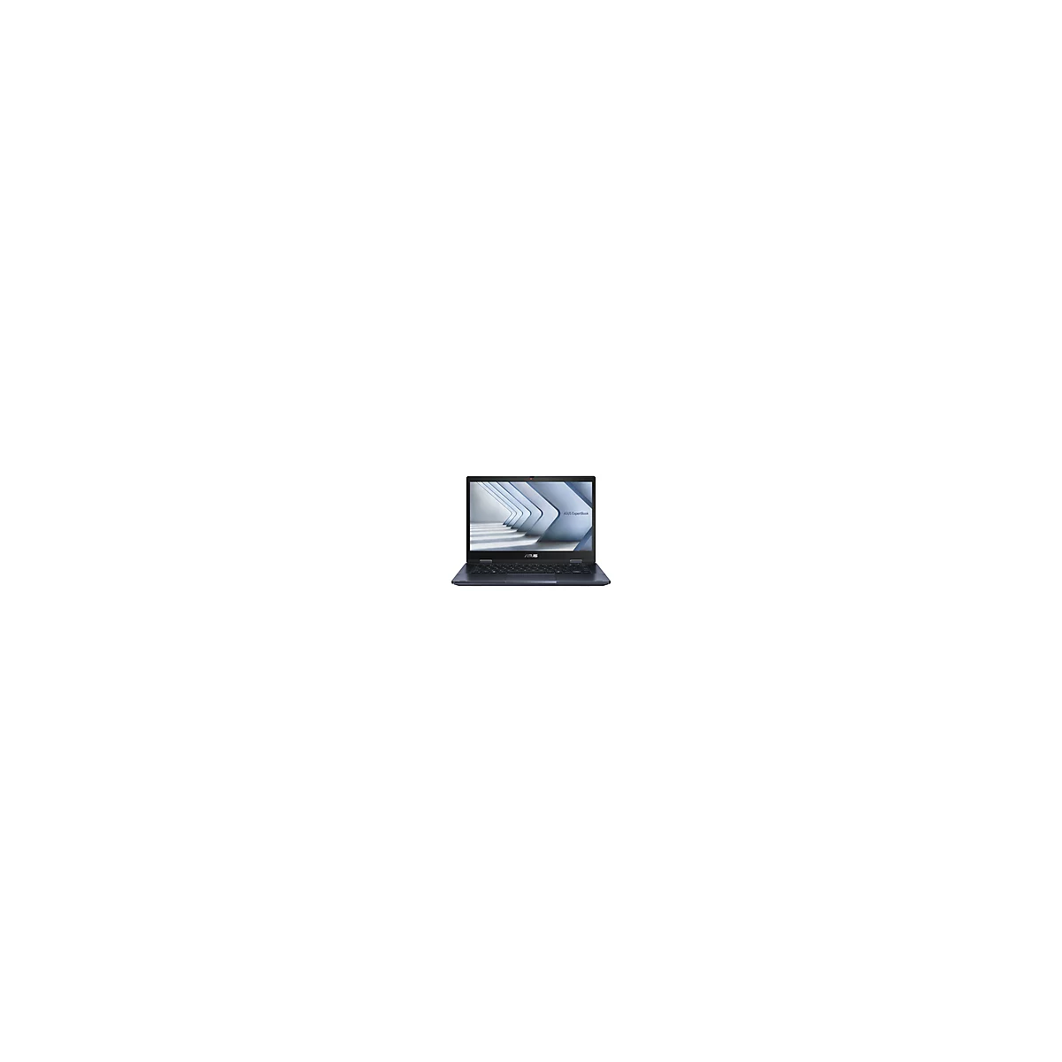 Dunkelblauer Laptop, Bildschirm zeigt ein abstraktes Muster. Das Logo 'ASUS Expertbook' ist zu sehen.