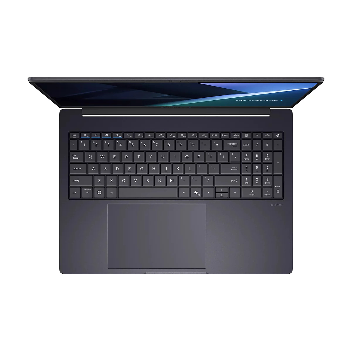 Draufsicht auf ein dunkelblaues ASUS ExpertBook Laptop mit beleuchteter Tastatur und großem Touchpad.