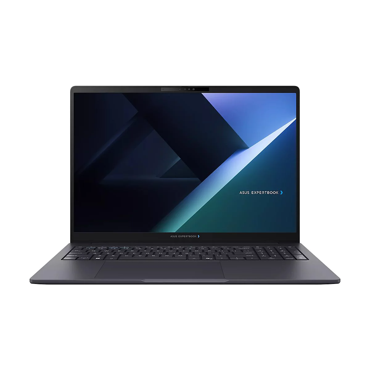 Schwarzes Asus Expertbook Laptop, frontal abgebildet mit abstraktem, blauem Bildschirmhintergrund auf neutralem Hintergrund.