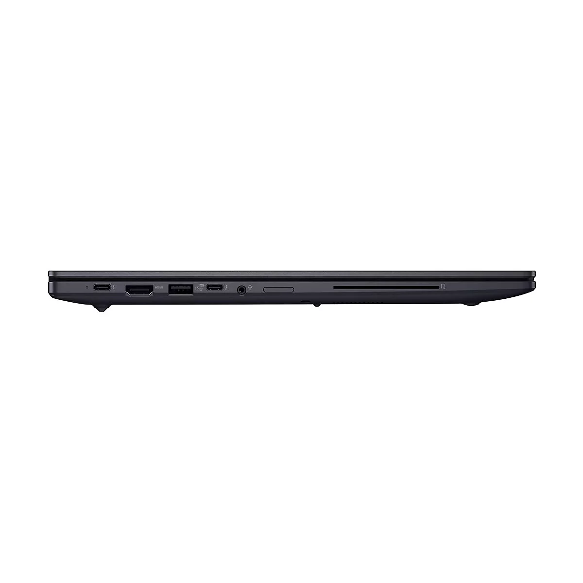 Seitenansicht eines dunklen Laptops mit verschiedenen Anschlüssen wie USB-C, HDMI und Audioanschluss.