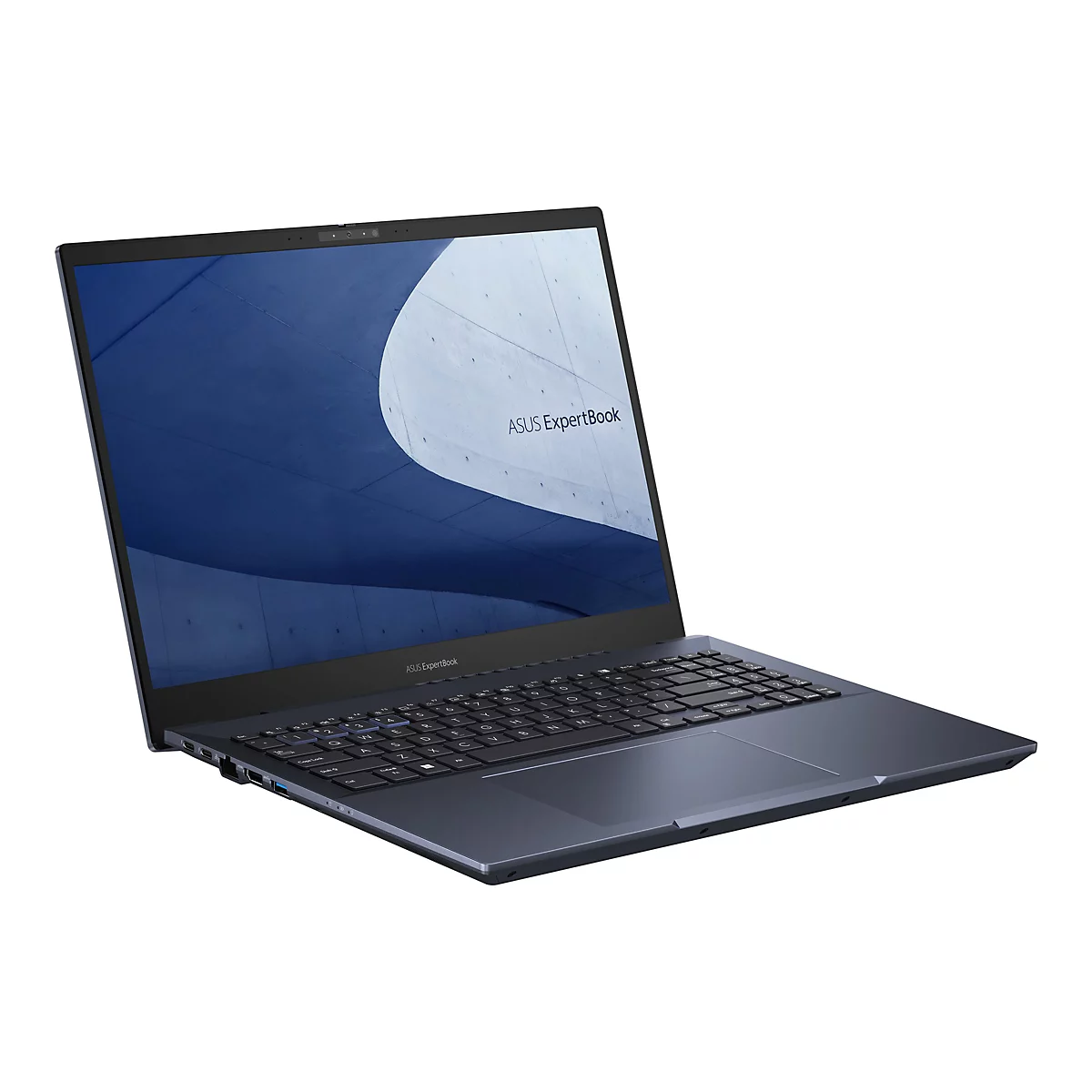 Dunkelgraues Notebook im Winkel mit offenem Deckel, ASUS ExpertBook Logo auf dem Bildschirm und im unteren Bereich.