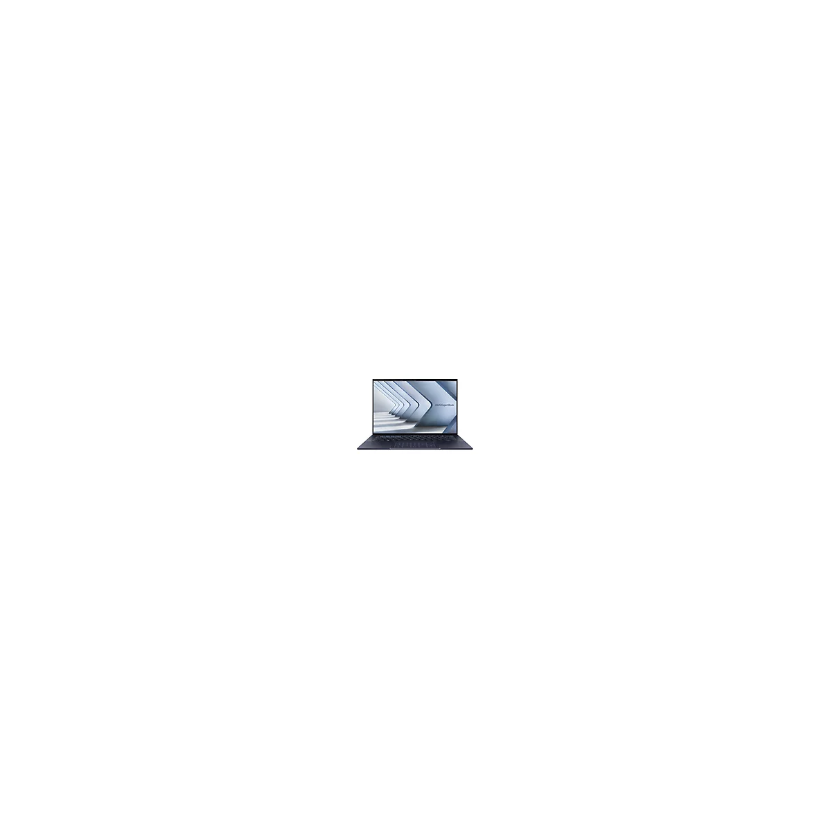 Dunkelblauer Laptop, Frontansicht, offener Deckel, Bildschirm zeigt abstraktes Design.