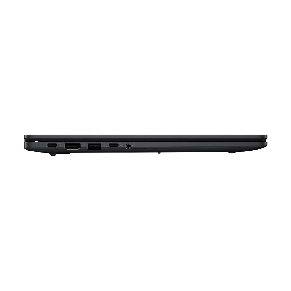 Seitenansicht eines schwarzen Laptops mit Anschlüssen wie HDMI, USB-C und Kopfhöreranschluss.