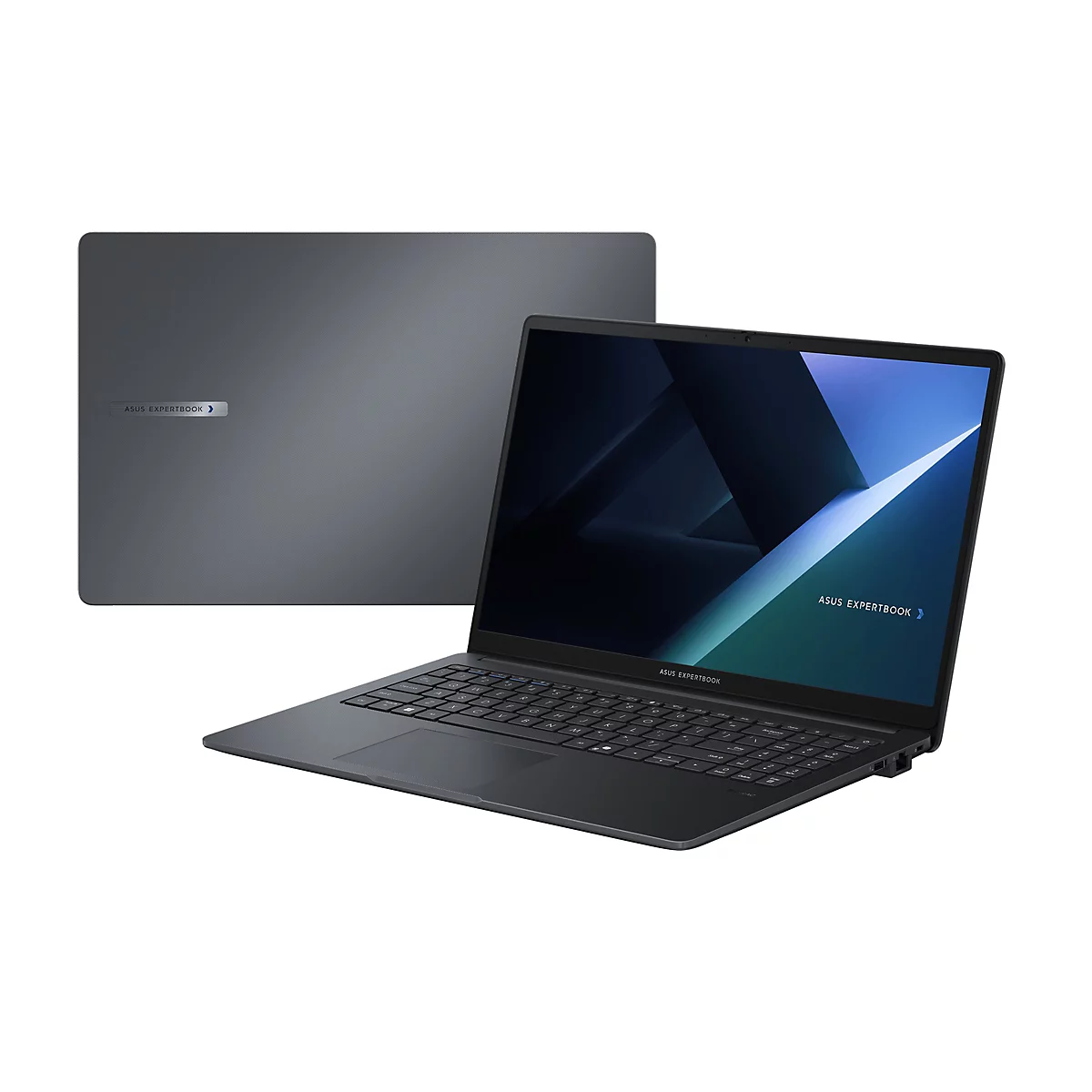 Dunkelgraues Notebook mit geöffnetem Display und zweitem geschlossenem Notebook im Hintergrund, beide vor weißem Hintergrund. Auf dem Display ist das ASUS EXPERTBOOK Logo zu sehen.