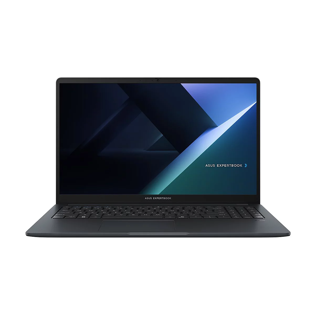 Dunkelgraues Laptop mit schwarzem Bildschirm, der "ASUS EXPERTBOOK" zeigt. Tastatur und Touchpad sind deutlich sichtbar.