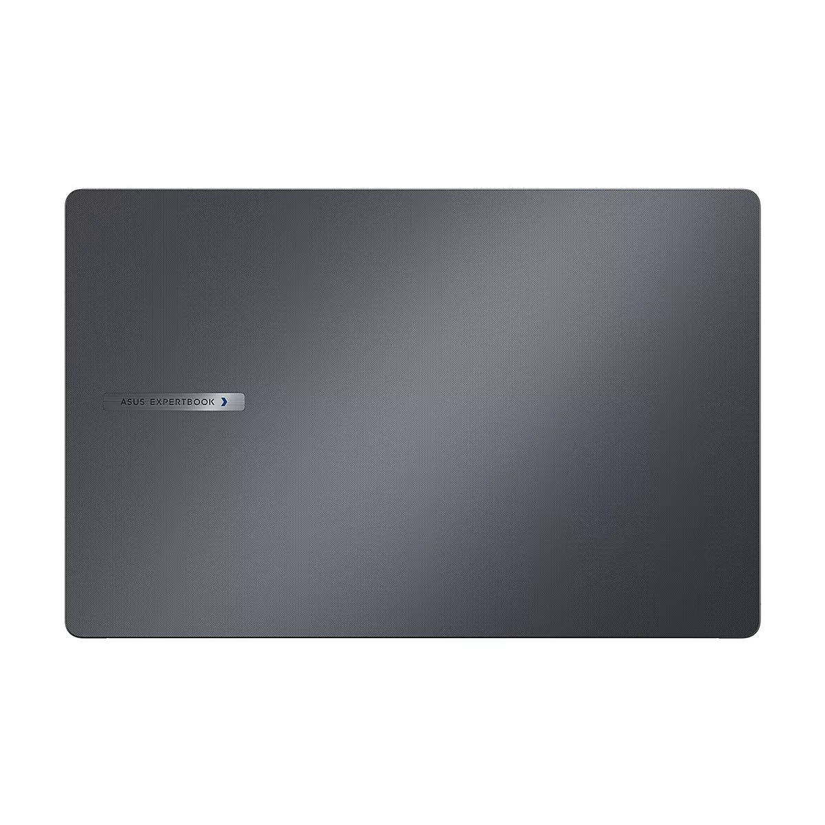 Grauer Laptop-Deckel. Auf dem Deckel befindet sich eine ASUS EXPERTBOOK-Plakette.