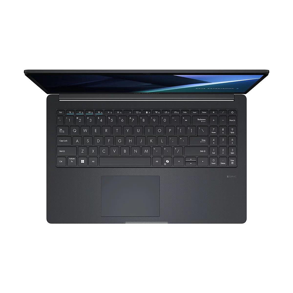 Draufsicht auf ein schwarzes ASUS ExpertBook Laptop mit beleuchteter Tastatur und Nummernblock vor hellem Hintergrund.