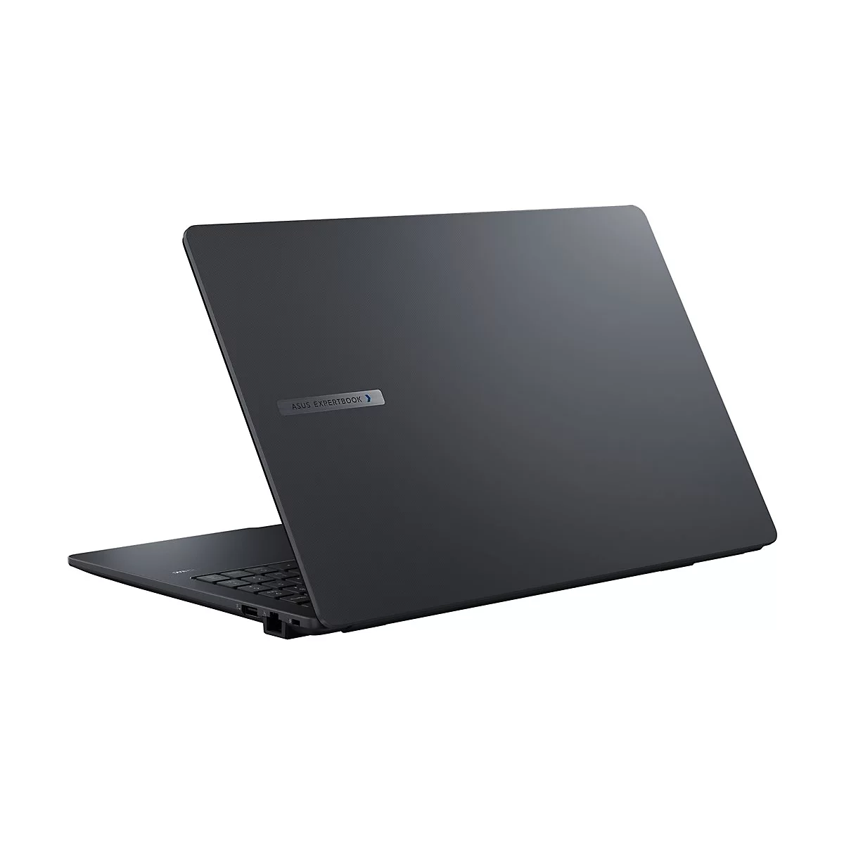 Dunkelgraues ASUS Expertbook-Laptop, leicht geöffnet, Ansicht von hinten rechts, auf weißem Hintergrund.