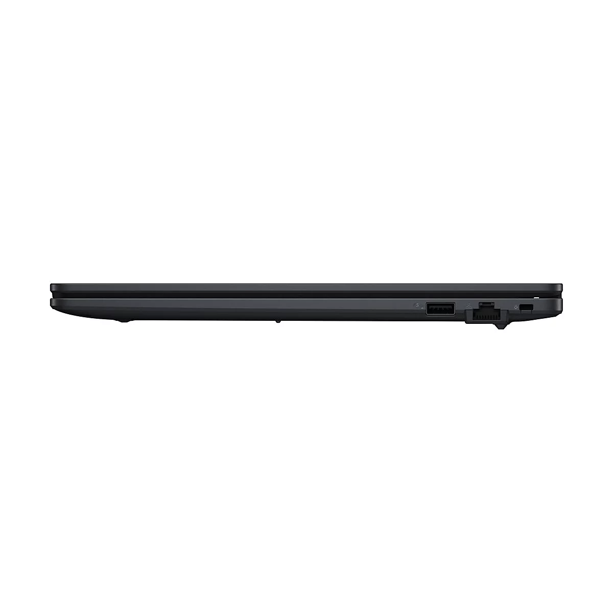 Dunkelgraues Laptop-Seitenprofil mit Anschlüssen für USB, Netzwerk und Stromversorgung.