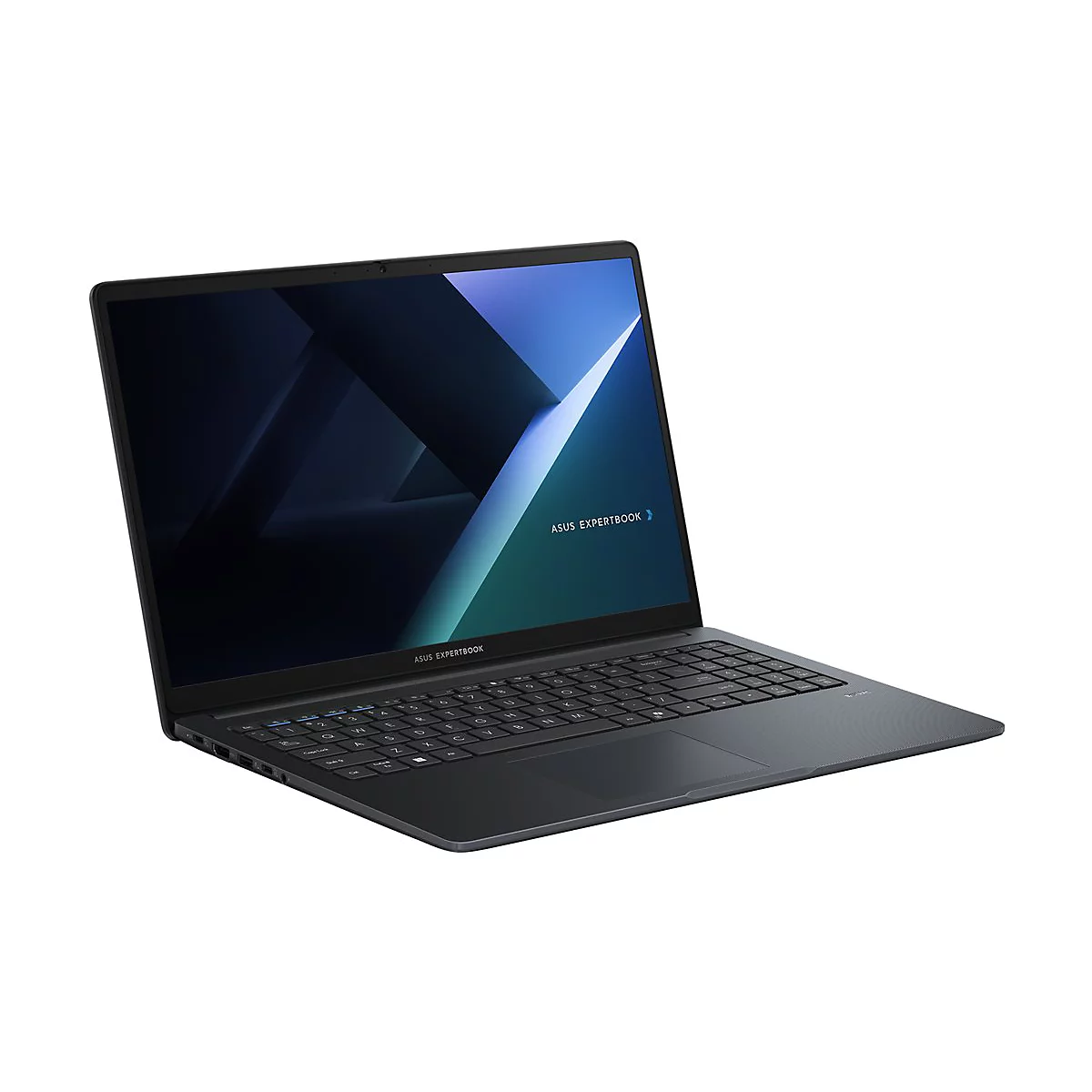 Schwarzes Asus Expertbook Laptop, leicht schräg von vorne vor weißem Hintergrund mit leuchtendem Display.