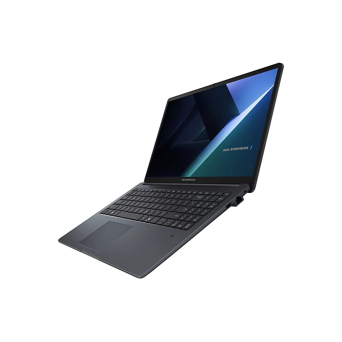 Schwarzer Asus ExpertBook Laptop in perspektivischer Ansicht vor weißem Hintergrund.