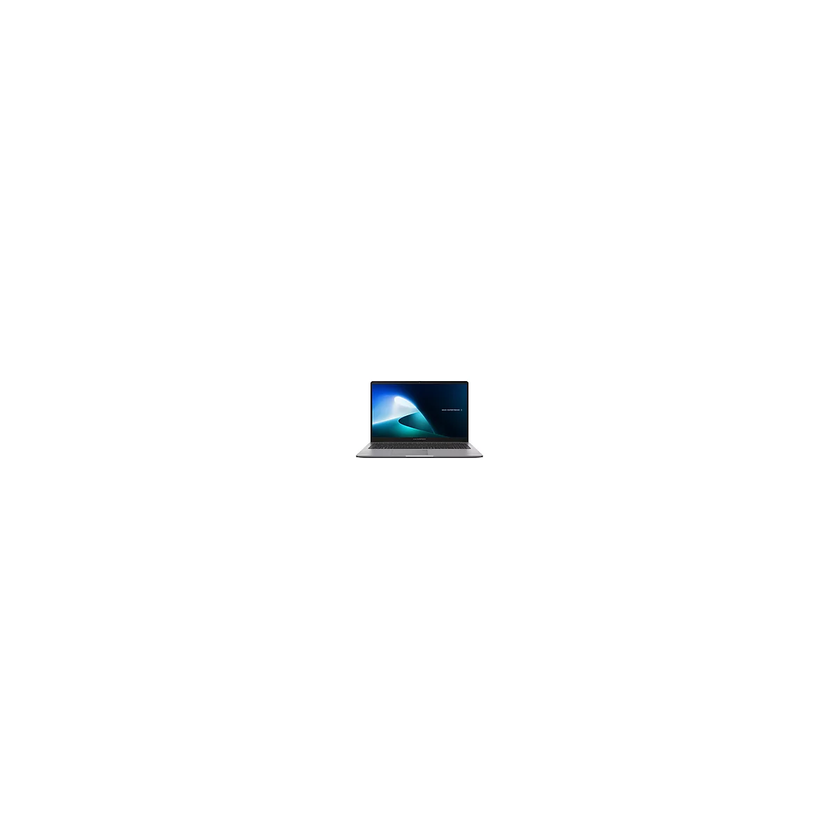 Grauer Laptop mit offenem Bildschirm, auf dem ein blaues abstraktes Muster zu sehen ist. Auf dem Display ist "ASUS EXPERTBIOOK" zu lesen.
