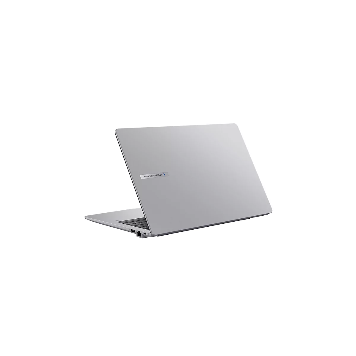 Silbernes ASUS ExpertBook Laptop, leicht schräg von hinten gesehen, vor weißem Hintergrund.