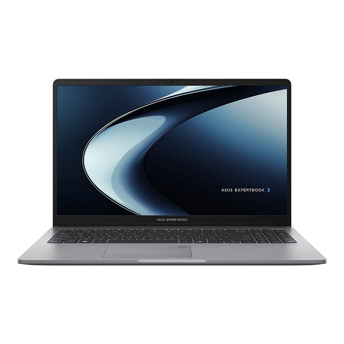Grauer Laptop mit beleuchtetem Bildschirm. Auf dem Bildschirm steht ASUS EXPERTBOOK.