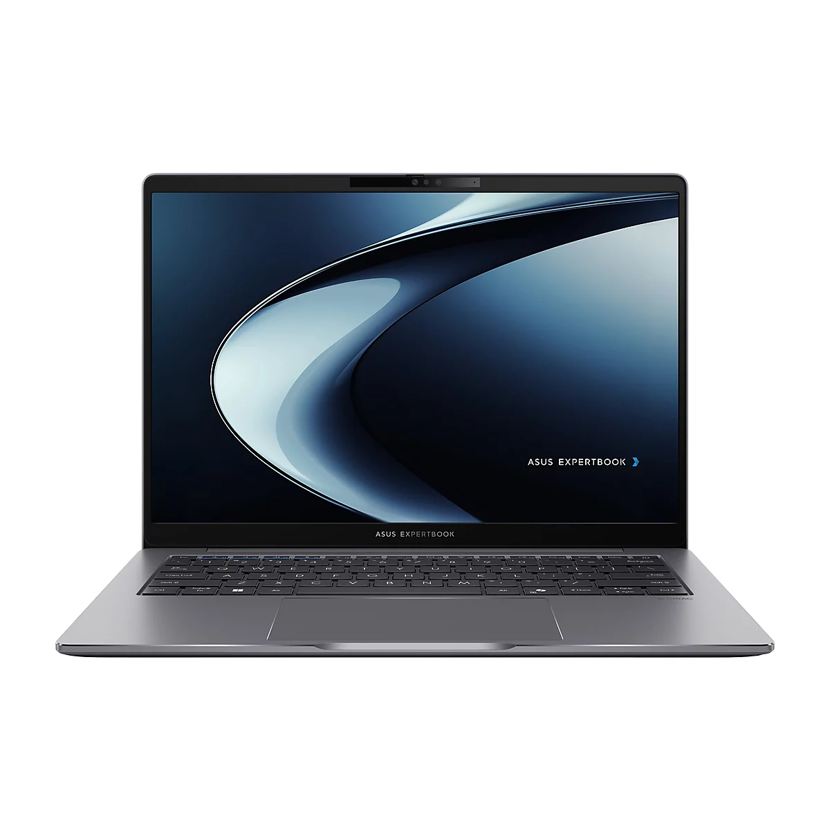 Graues ASUS Expertbook Laptop, auf weißem Hintergrund. Der Bildschirm zeigt ein abstraktes blaues Design. Auf der Tastatur steht Expertbook.