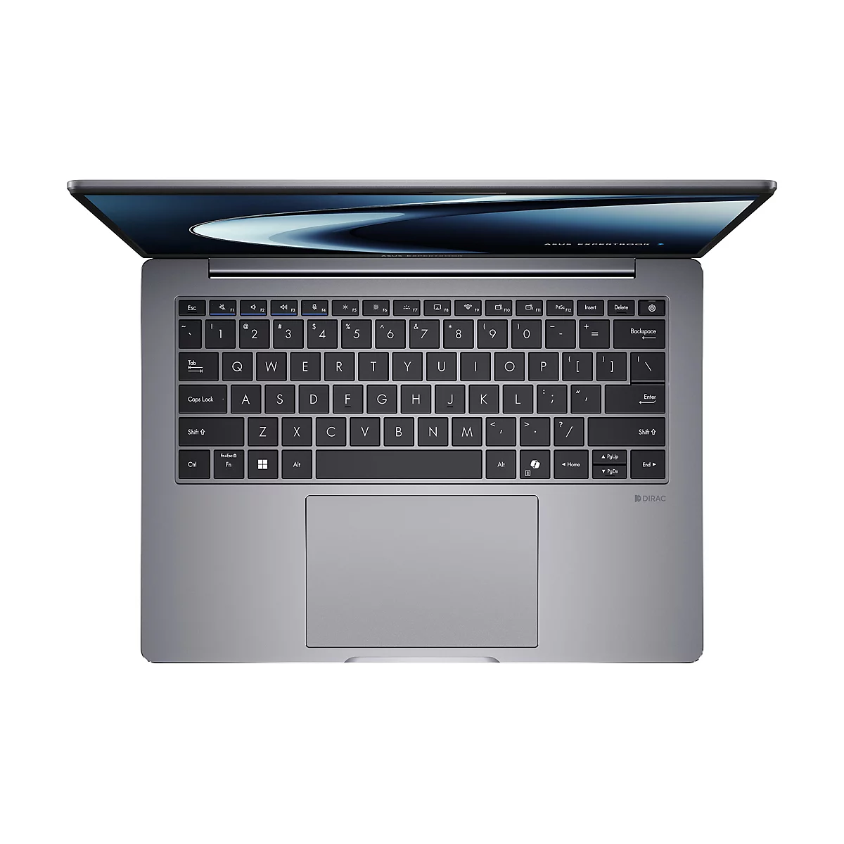 Draufsicht auf ein graues Laptop mit schwarzer Tastatur und geöffnetem Bildschirm. Das Display zeigt eine abstrakte, blaue Grafik. Der Laptop ist auf weißem Hintergrund.