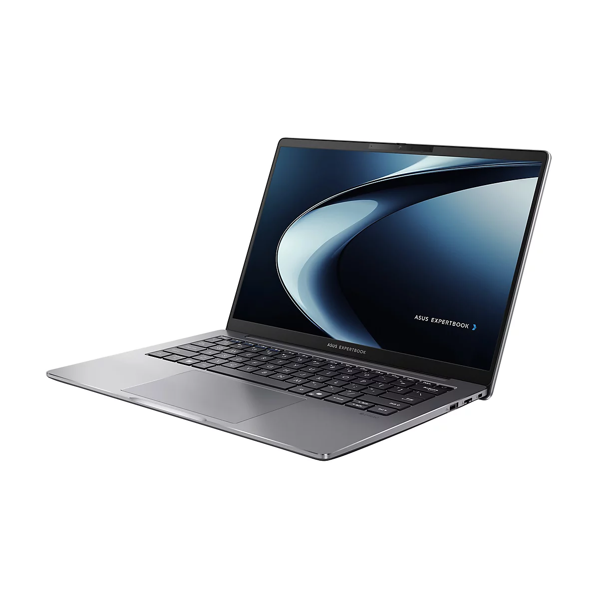 Silberner Laptop, geöffnet, mit Asus Expertbook Logo auf dem Bildschirm. Die Tastatur und das Touchpad sind sichtbar.