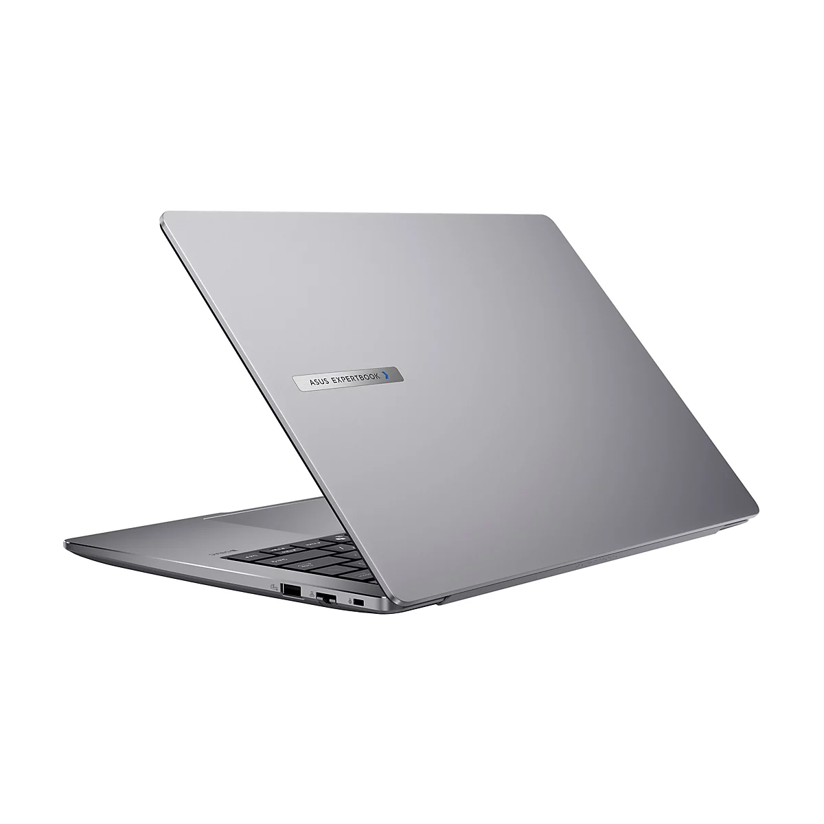 Ein silberner Laptop, teilweise geöffnet, vor weißem Hintergrund. Auf dem Deckel steht „ASUS EXPERTBOOK“. 