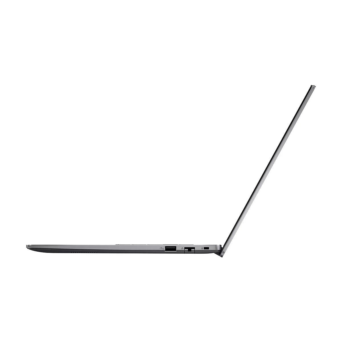 Grauer Laptop im Profil, halb geöffnet, auf weißem Hintergrund. Sichtbar sind Anschlüsse und Bildschirm.
