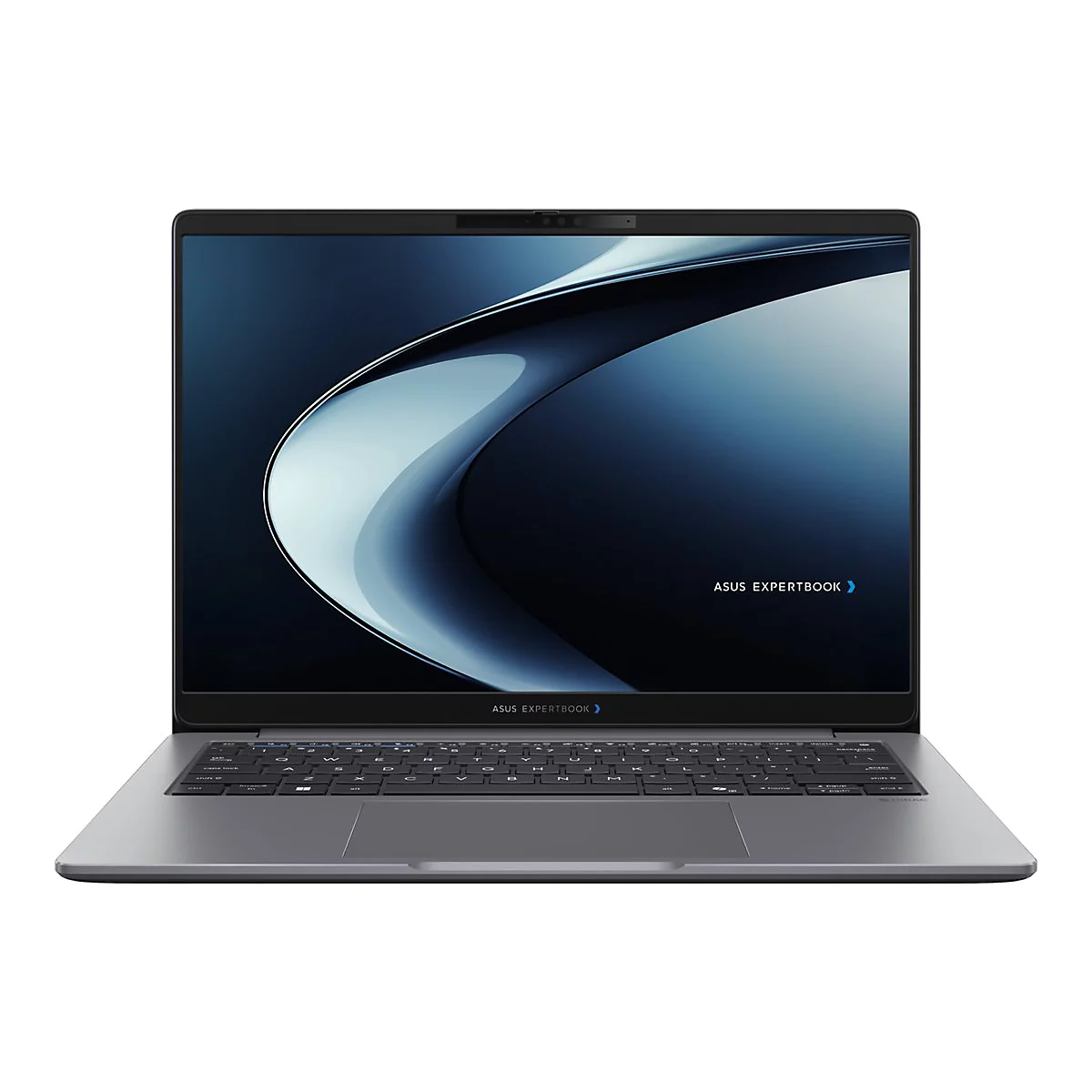 Dunkelgraues ASUS ExpertBook Laptop von vorne mit abstraktem, blauem Bildschirmhintergrund.