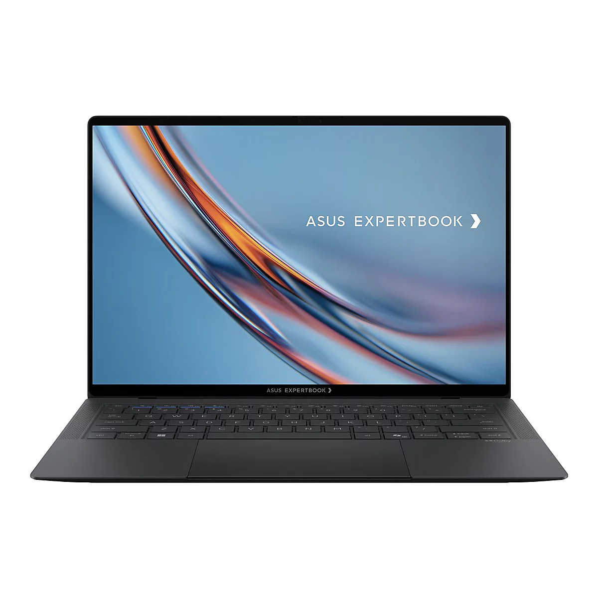 Schwarzer Asus ExpertBook Laptop in Frontalansicht mit abstraktem, blau-orangem Hintergrund auf dem Display.