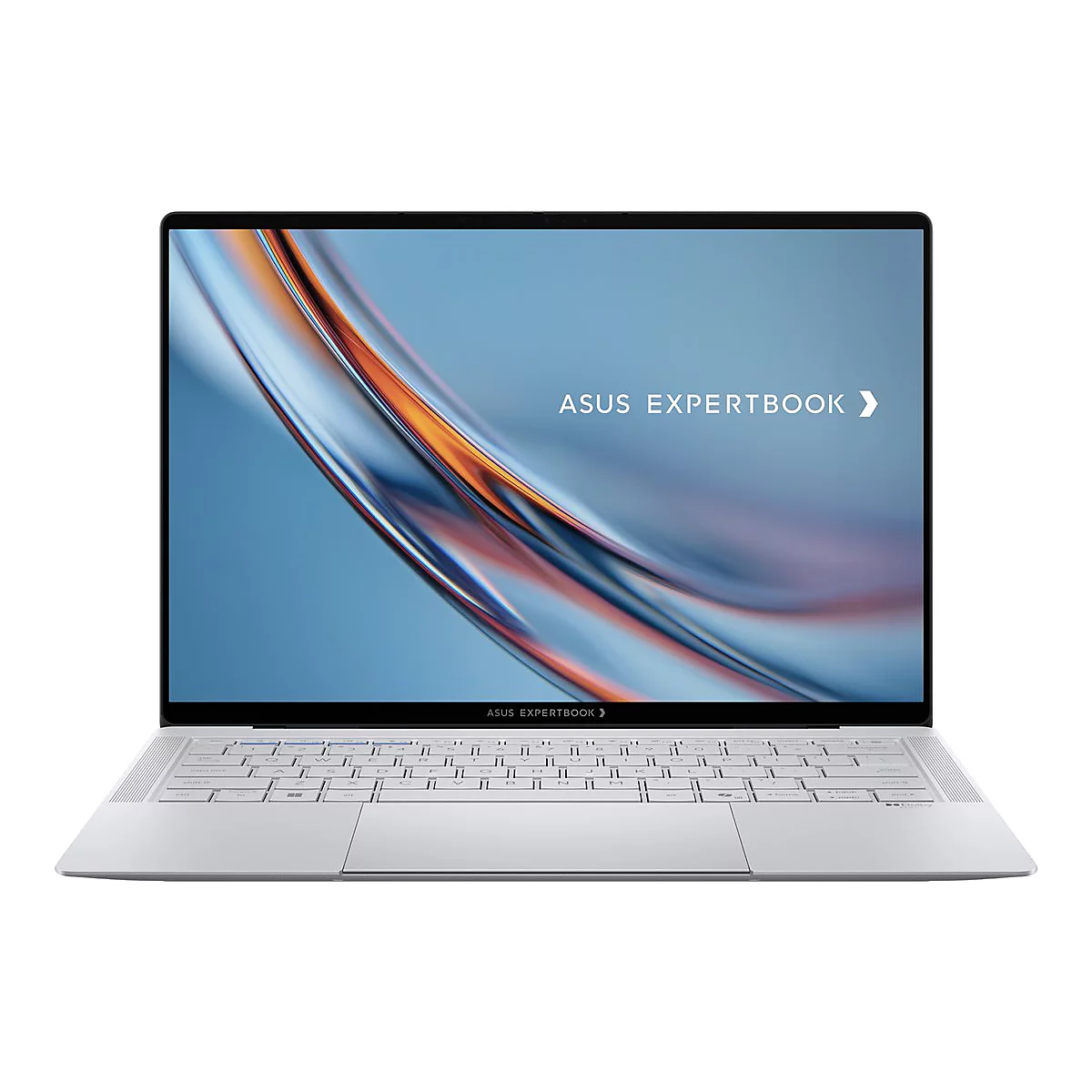 Silbernes Asus Expertbook Notebook von vorne. Der Bildschirm zeigt ein abstraktes, blau-orangefarbenes Hintergrundbild.