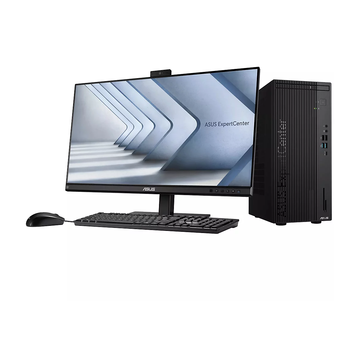 Schwarzer Asus ExpertCenter Desktop-PC mit Monitor, Tastatur und Maus auf weißem Hintergrund.