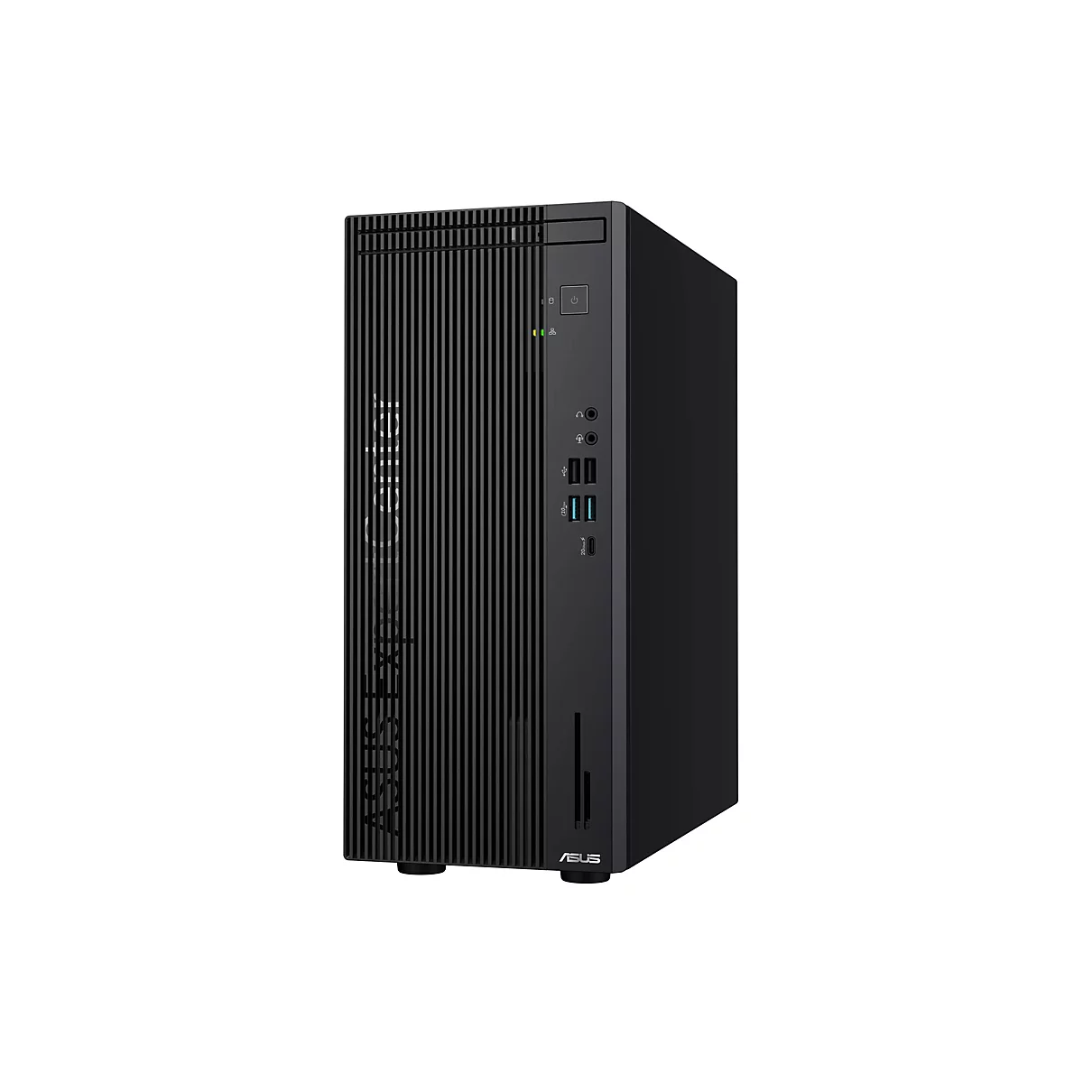 Schwarzer Asus ExpertCenter Tower PC mit vertikal gerippter Frontblende und diversen Anschlüssen auf weißem Grund.