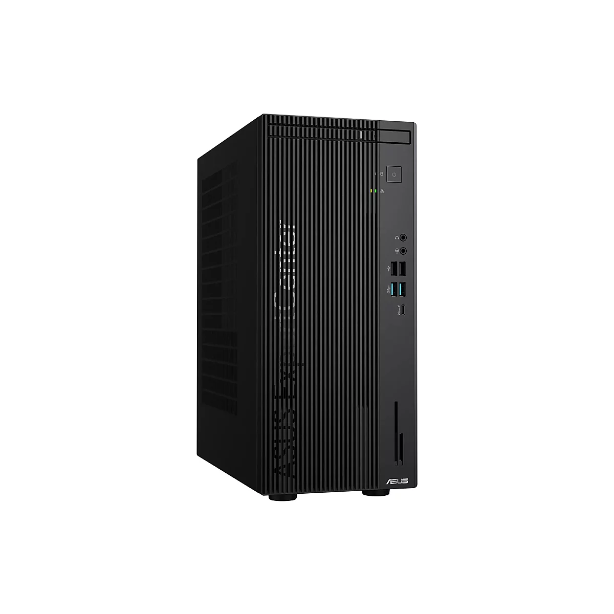 Schwarzer Asus ExpertCenter Desktop-PC in kompakter Tower-Bauweise mit vertikal gerippter Frontblende.