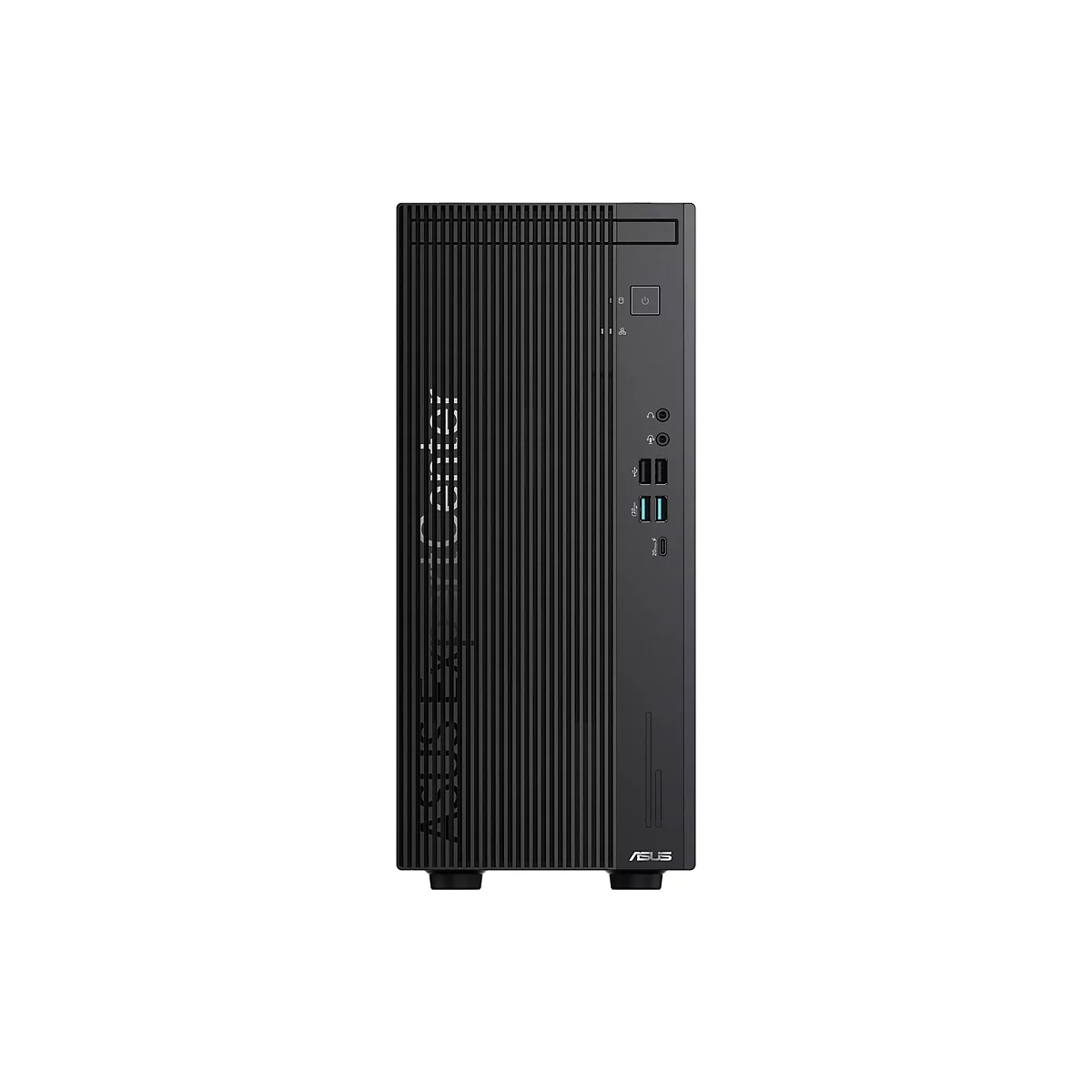 Schwarzer Asus ExpertCenter Tower-PC mit vertikal gerippter Frontblende und verschiedenen Anschlüssen.