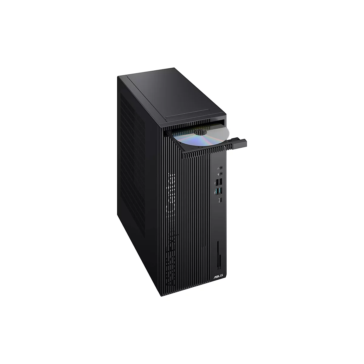 Schwarzer Asus ExpertCenter Desktop-PC mit geöffnetem CD-Laufwerk vor weißem Hintergrund.